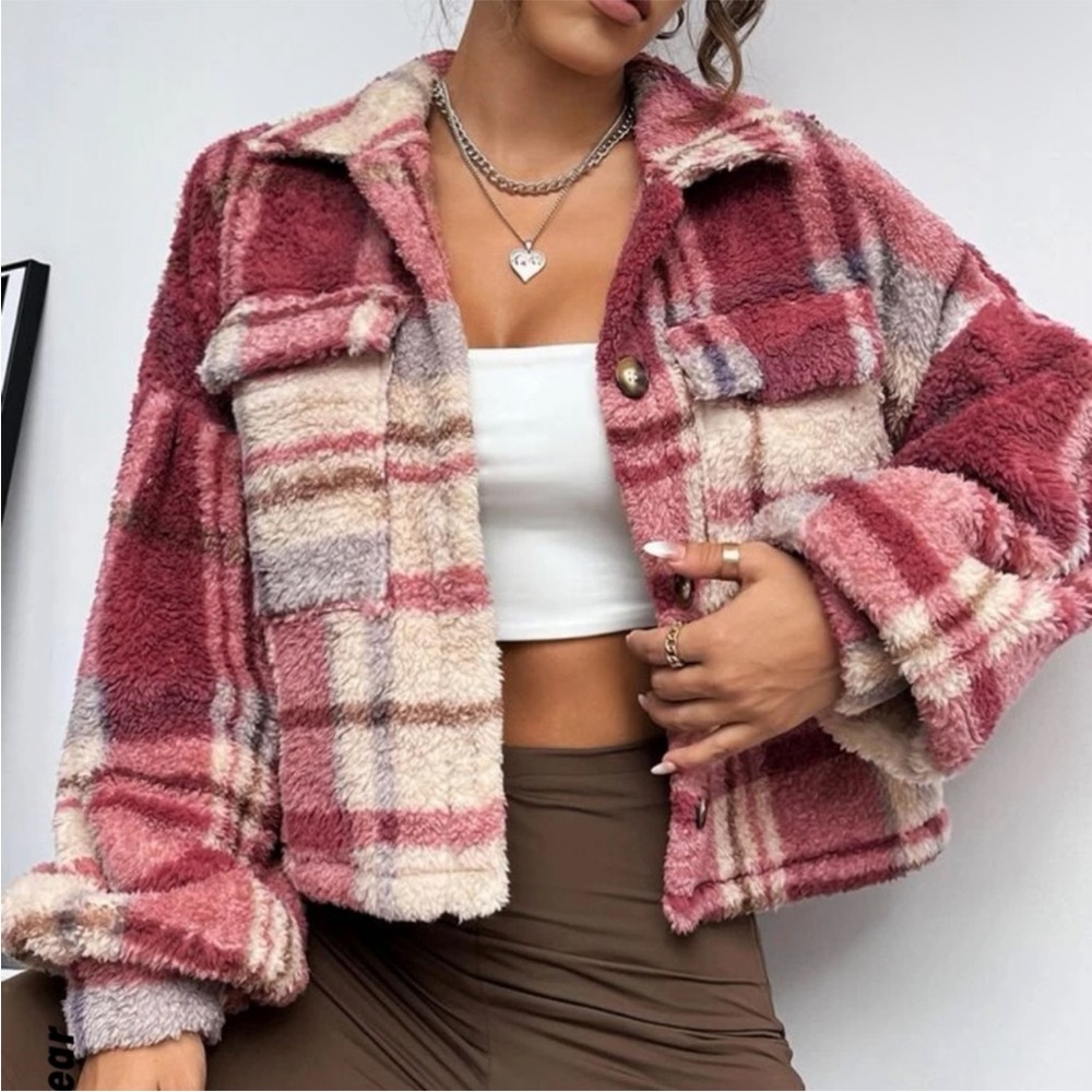 Sherpa Cropped Plaid Jacket